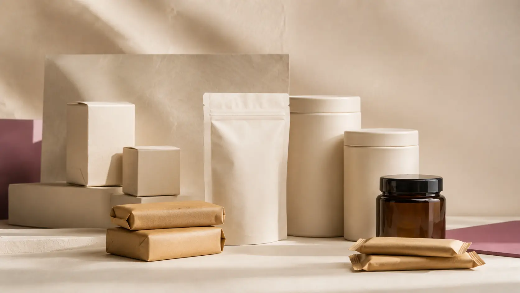 Minimal cream and amber packaging arranged like a wellness shelf.
