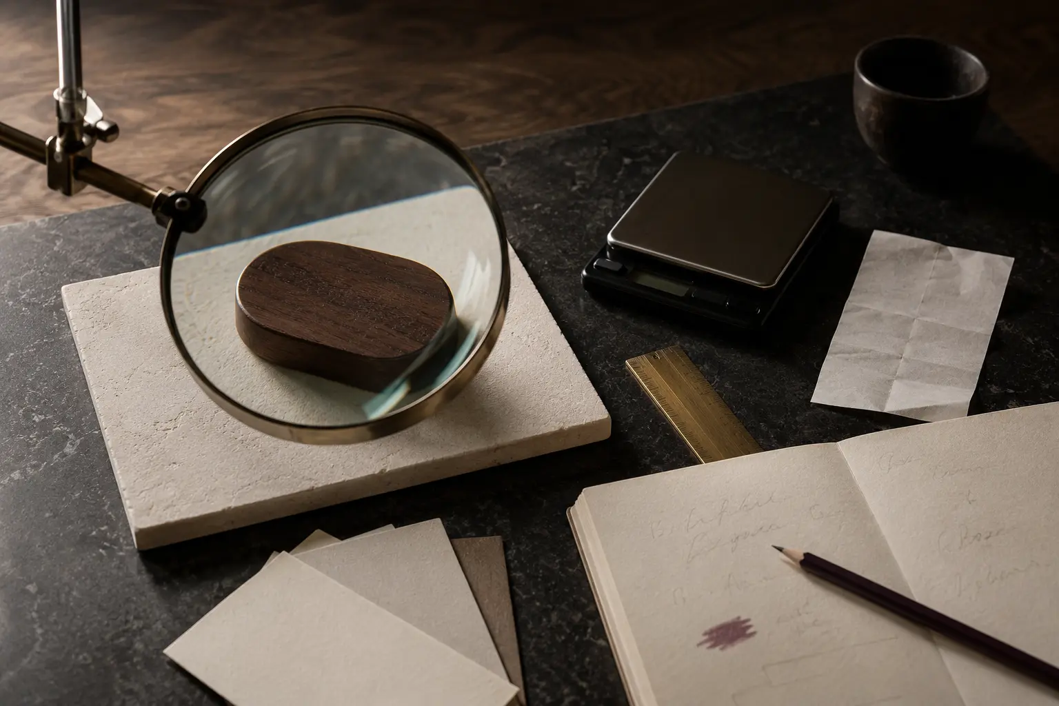 A magnifying lens, scale, ruler and notebook arranged for an investigation